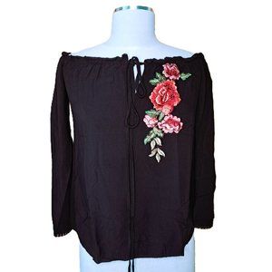 Gibiu Wome's Embroidered Top off Shoulder Long Sleeve Black Color Size S
